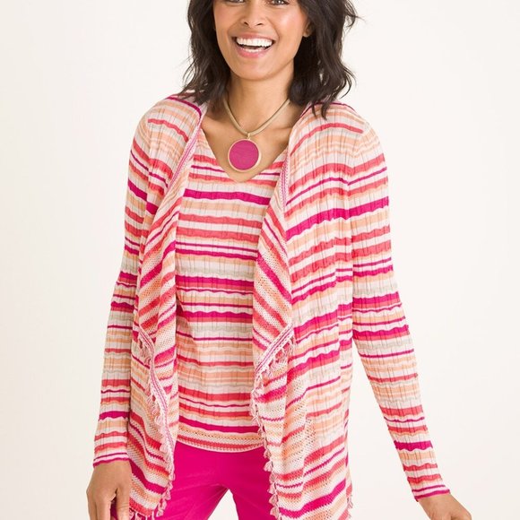 Chicos Womens Wave Tassel Cardigan Sweater Orange Pink Stripe Chicos 1=Medium - Picture 1 of 13